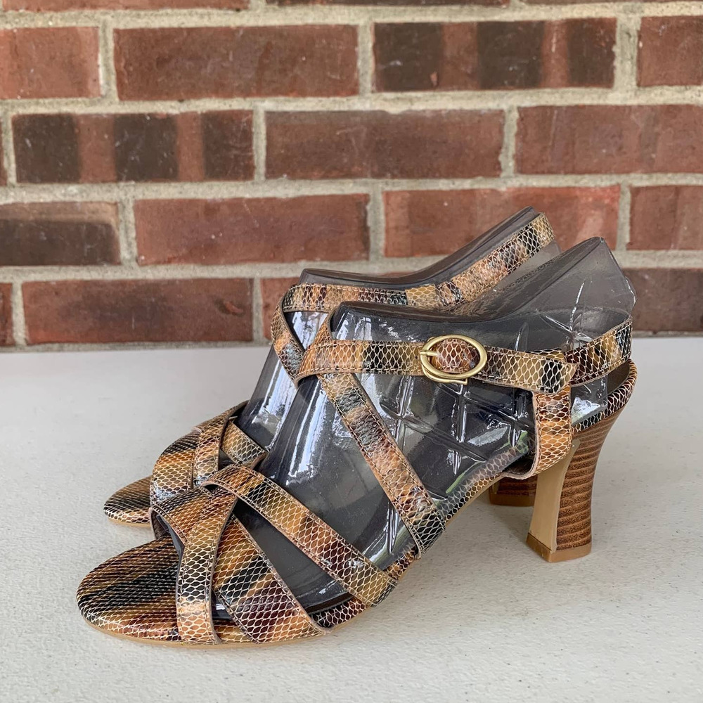 Array Brown Snake Leather Open Toe X-Strap Heeled… - image 4